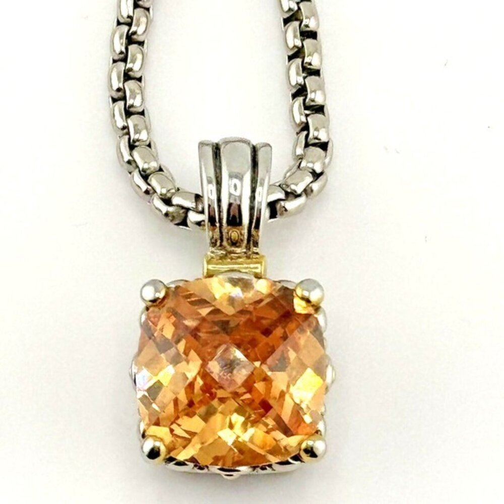 Facet Cut 20 Carat Citrine Color CZ Silver Tone Filigree Pendant Necklace - Picture 9 of 9